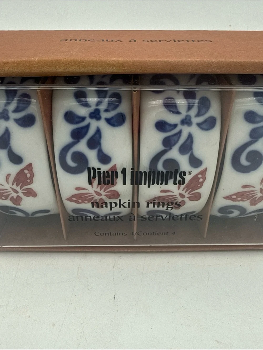 Pier 1 One Butterfly Blue Red Ceramic Napkin Rings Holder Set Of 4